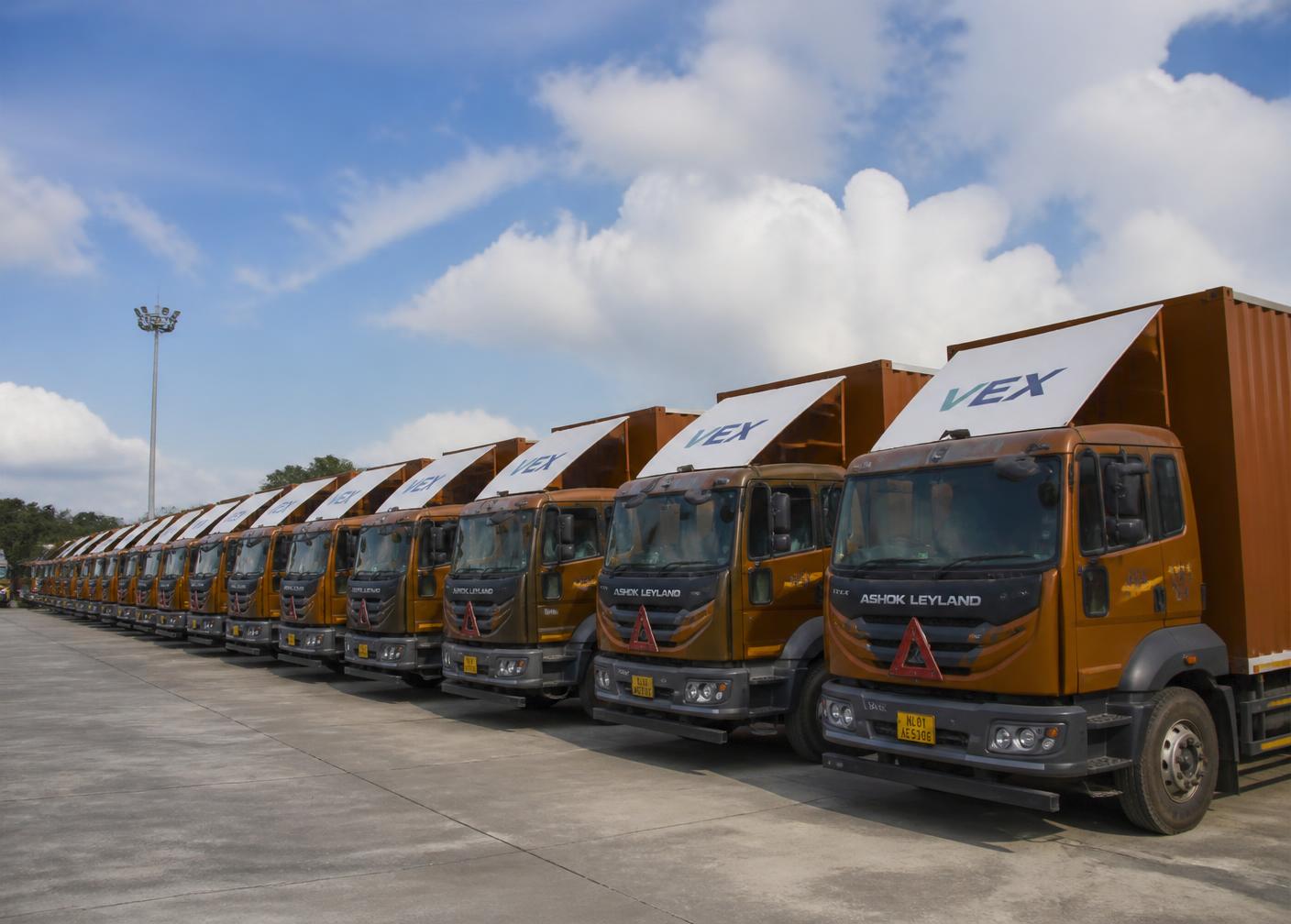 Fleet of Bhandari trucks at depot